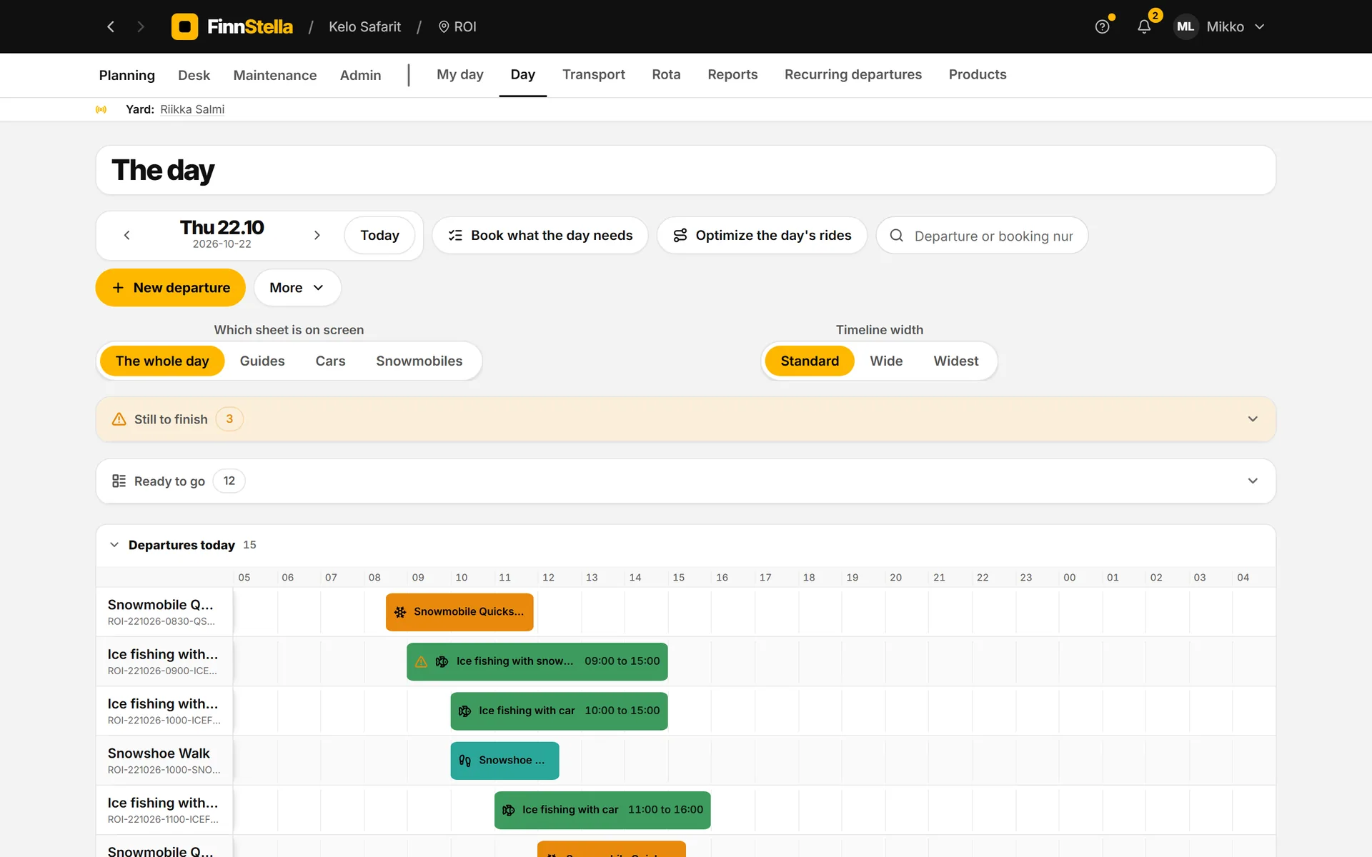 FinnStella safari operations software: day view with every departure, guide, car and snowmobile on one timeline