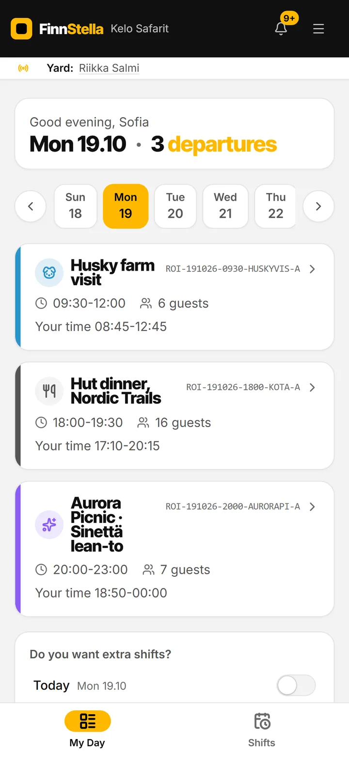 FinnStella guide app on a phone: My Day view with today's three departures and working hours